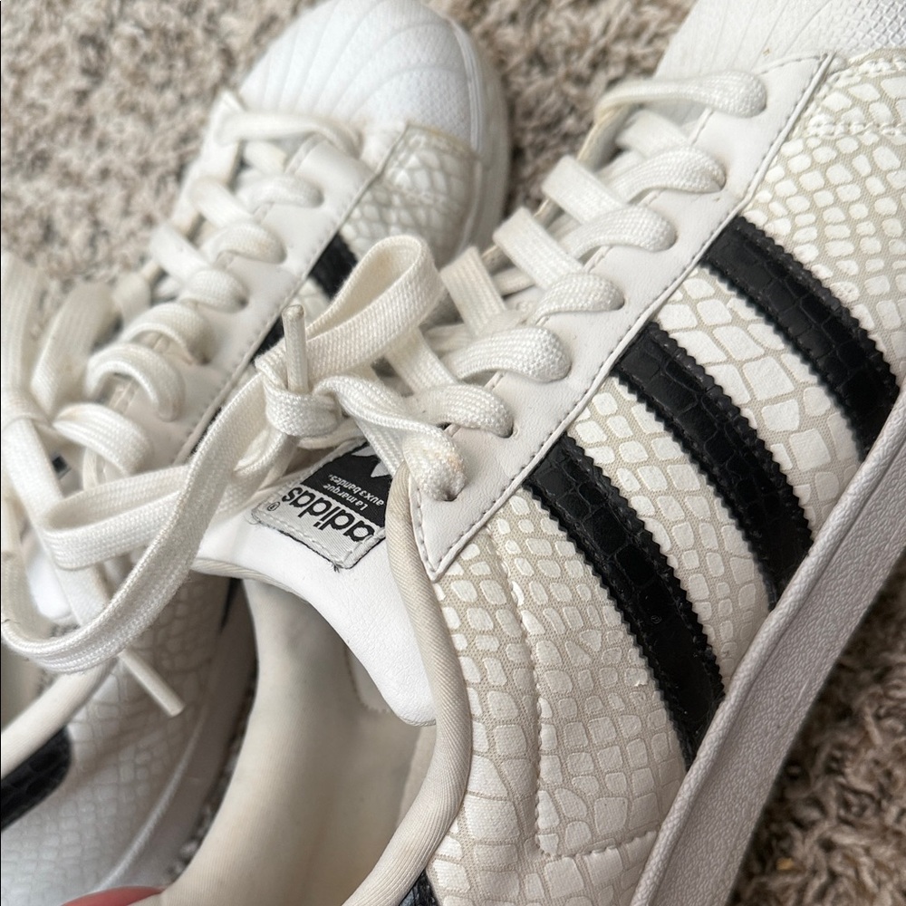 adidas White Sneakers with Black Three-Stripes and Croc Texture